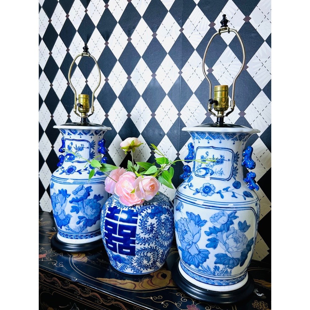 Chinoiserie Blue White Porcelain Lamp Pair Foo Dog Handles 26in - Picture 17 of 17